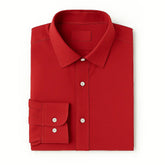 Camisa masculina Oxford vermelha manga longa, com gola colarinho, bolso no peito e botões frontais brancos, estilo casual e elegante.