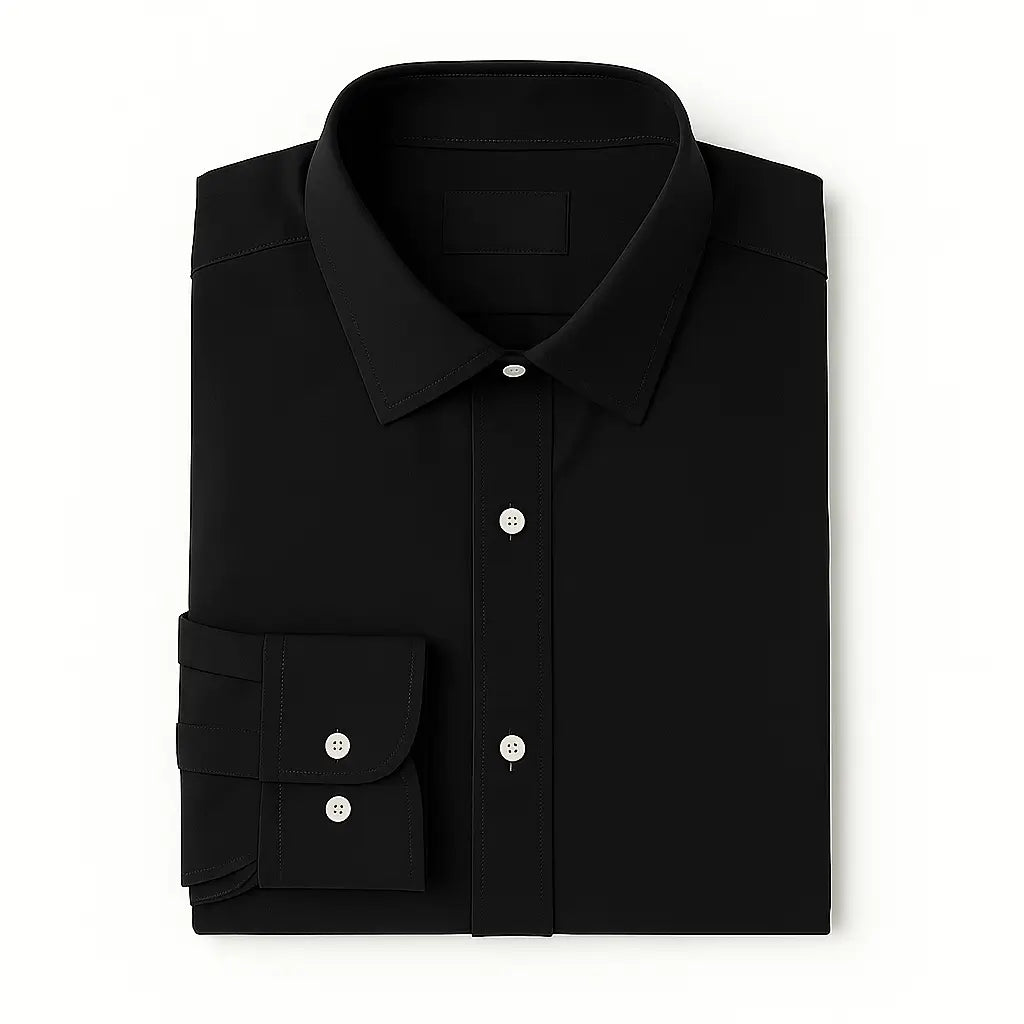 Camisa masculina Oxford preta  manga longa, com gola colarinho, bolso no peito e botões frontais brancos, estilo casual e elegante.