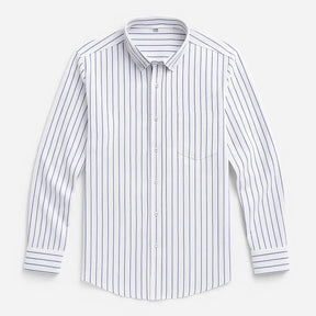 Camisa masculina Oxford branca com listras azuis, manga longa, confeccionada em algodão, estilo casual e elegante.