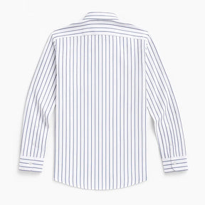 Camisa masculina Oxford branca com listras azuis, manga longa, confeccionada em algodão, estilo casual e elegante.
