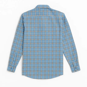 Camisa masculina Oxford xadrez azul em algodão, manga longa, com detalhes bege e branco e acabamento sofisticado.
