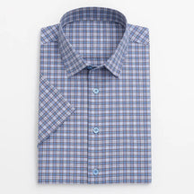Camisa Xadrez Masculina Oxford Genova em algodão premium, manga curta, padrão xadrez verde com bege, estilo casual elegante.