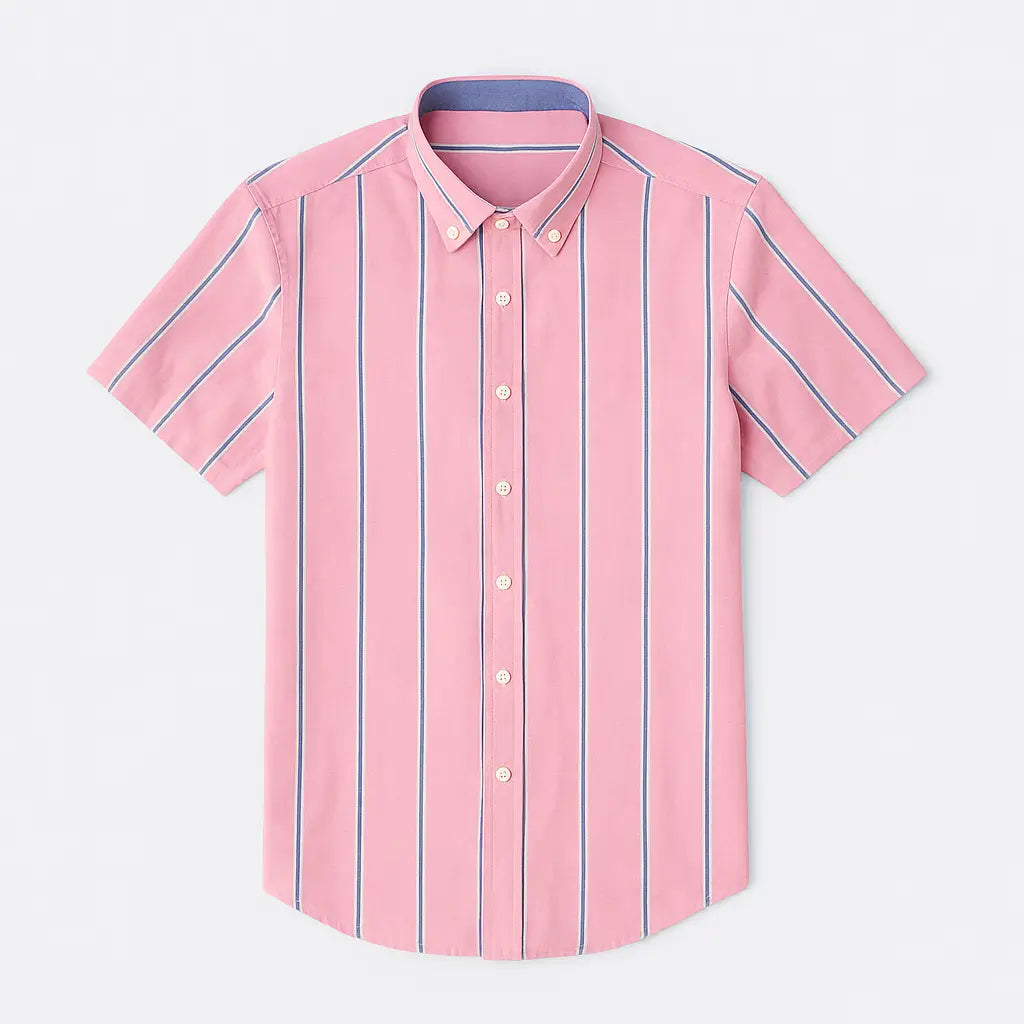 camisa social masculina slim fit oxford rosa com listras em algodão, manga curta, gola estruturada e caimento elegante