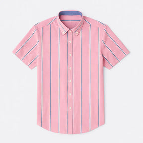 camisa social masculina slim fit oxford rosa com listras em algodão, manga curta, gola estruturada e caimento elegante