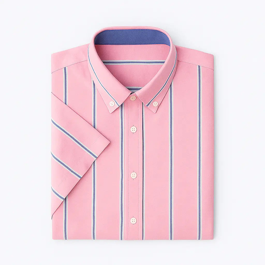 camisa social masculina slim fit oxford rosa com listras em algodão, manga curta, gola estruturada e caimento elegante