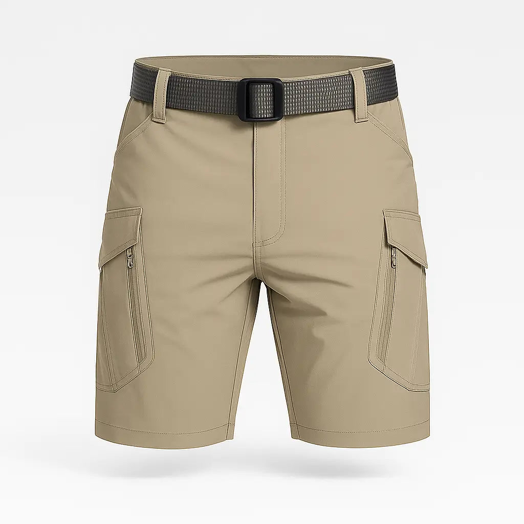 Bermuda tática masculina quick dry bege, com bolsos múltiplos e tecido resistente à água.