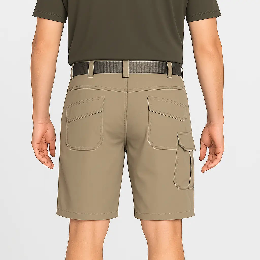 Bermuda tática masculina quick dry bege, com bolsos múltiplos e tecido resistente à água.