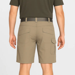 Bermuda tática masculina quick dry bege, com bolsos múltiplos e tecido resistente à água.