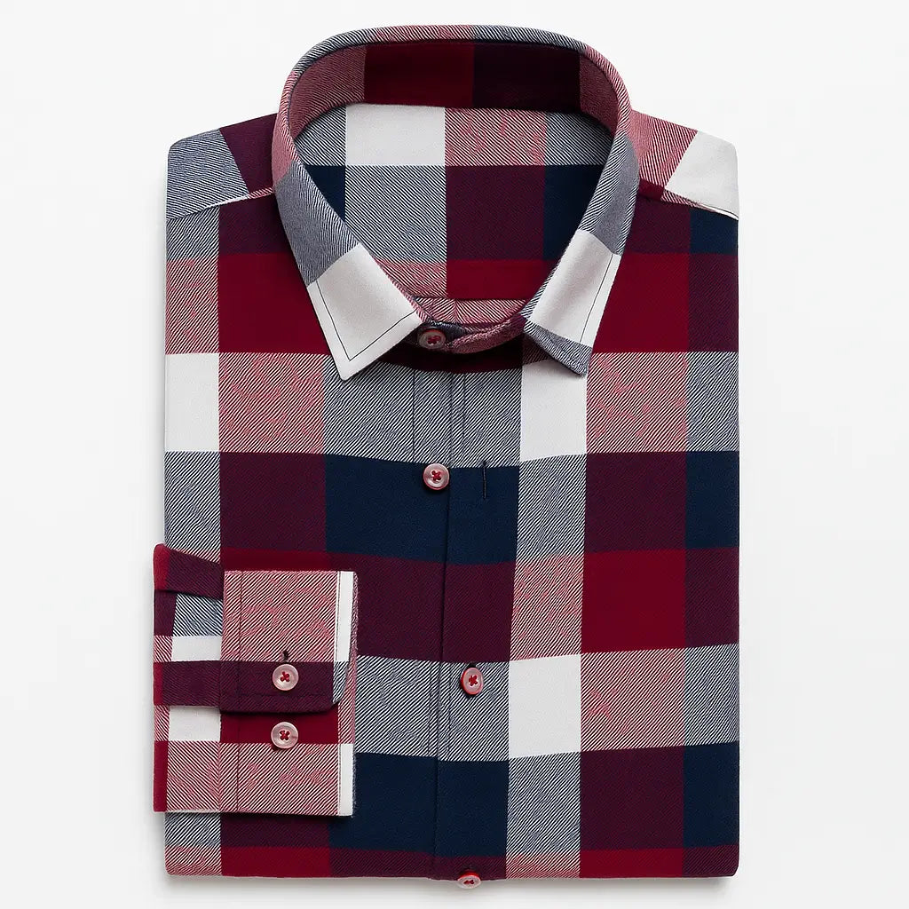 Camisa masculina flanelada xadrez vermelha e azul, manga longa, 100% algodão, bolso frontal e gola com botão.