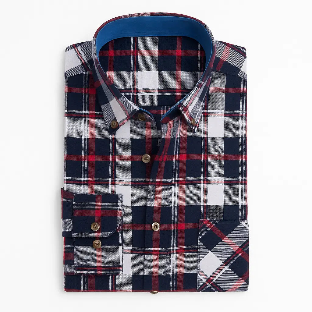 Camisa masculina flanelada xadrez, manga longa, 100% algodão, bolso frontal e gola com botão.