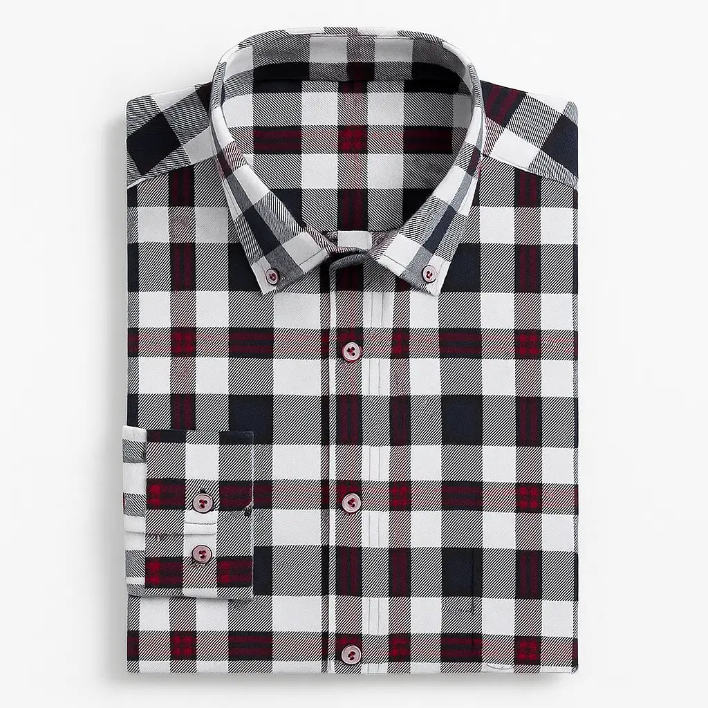 Camisa masculina flanelada xadrez  manga longa, 100% algodão, bolso frontal e gola com botão, estilo casual elegante.