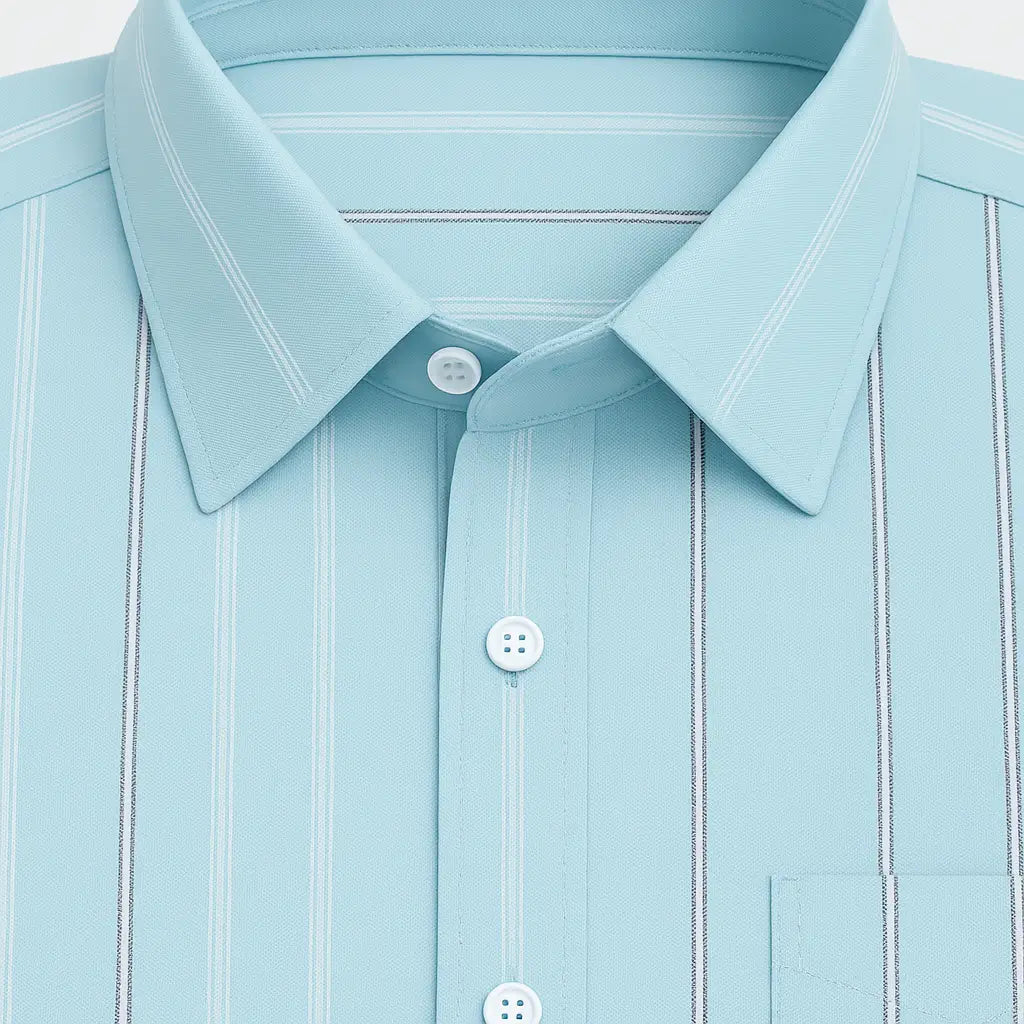 Camisa masculina Oxford celeste de manga longa em algodão, com listras finas e acabamento sofisticado.