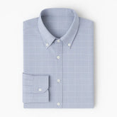 Camisa masculina Oxford cinza, manga longa, 100% algodão, padrão quadriculado discreto e gola abotoada elegante.