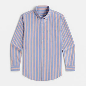 Camisa masculina Oxford listrada, manga longa, 100% algodão, gola abotoada e estilo elegante casual.