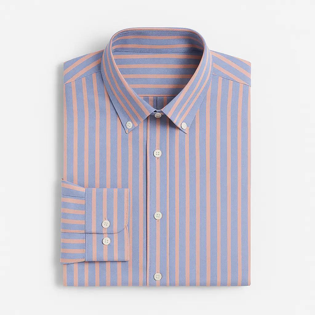 Camisa masculina Oxford listrada, manga longa, 100% algodão, gola abotoada e estilo elegante casual.