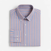 Camisa masculina Oxford listrada, manga longa, 100% algodão, gola abotoada e estilo elegante casual.