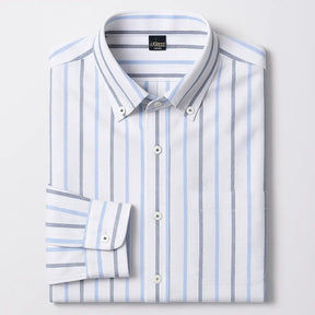 Camisa masculina Oxford listrada, manga longa, 100% algodão, gola abotoada e estilo elegante casual.