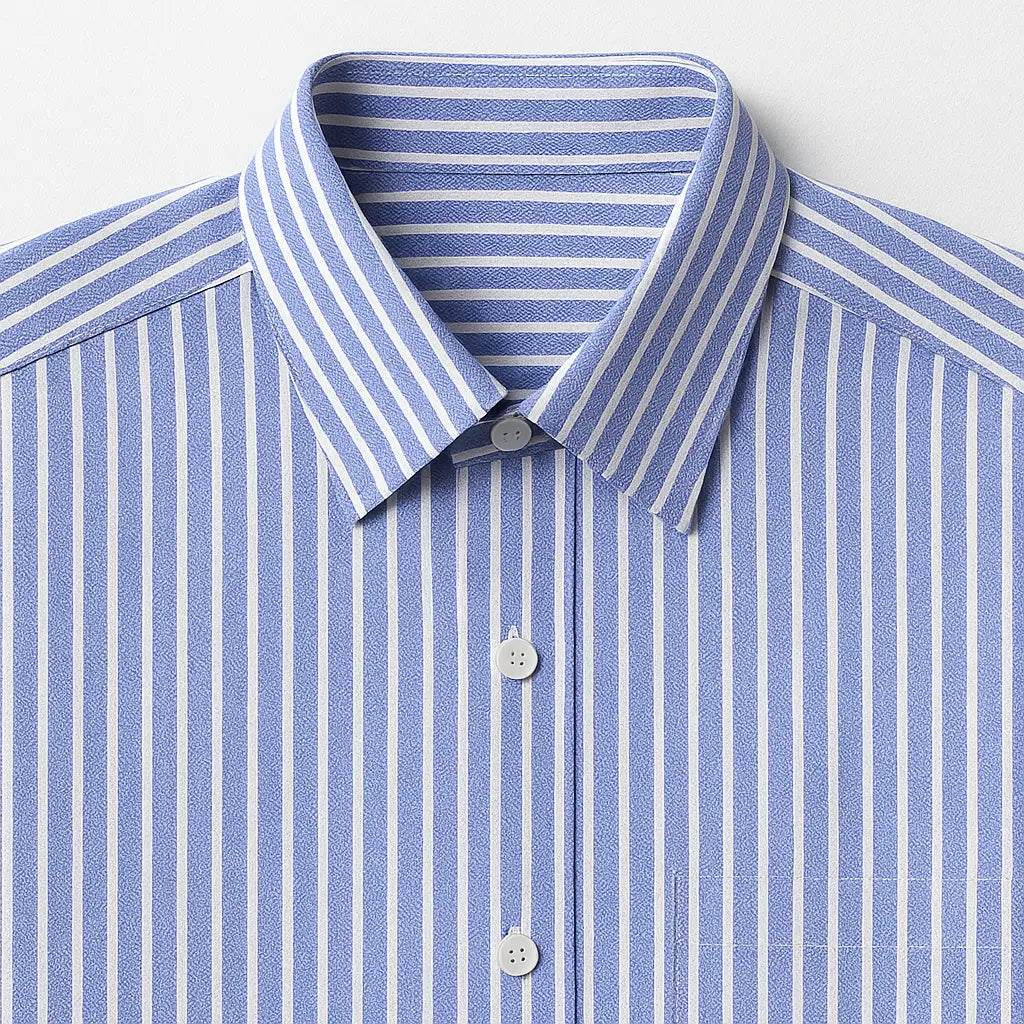 Camisa masculina Oxford azul listrada, 100% algodão, gola abotoada e manga longa, estilo casual e social elegante.