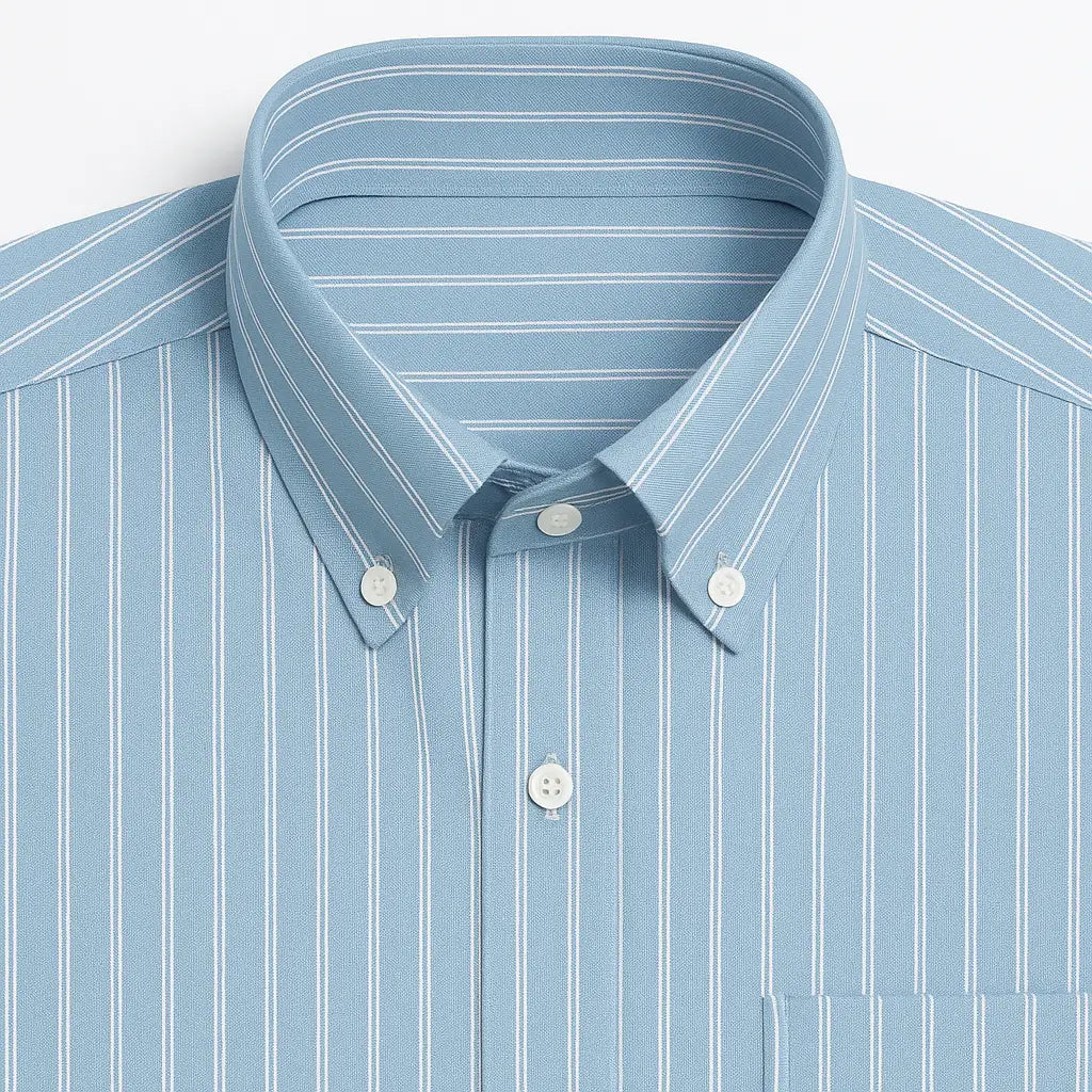 Camisa masculina listrada azul, slim fit, manga curta, feita em algodão, estilo casual sofisticado.