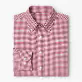 Camisa masculina Oxford xadrez vermelho e branco, manga longa, 100% algodão, gola abotoada e estilo clássico casual.