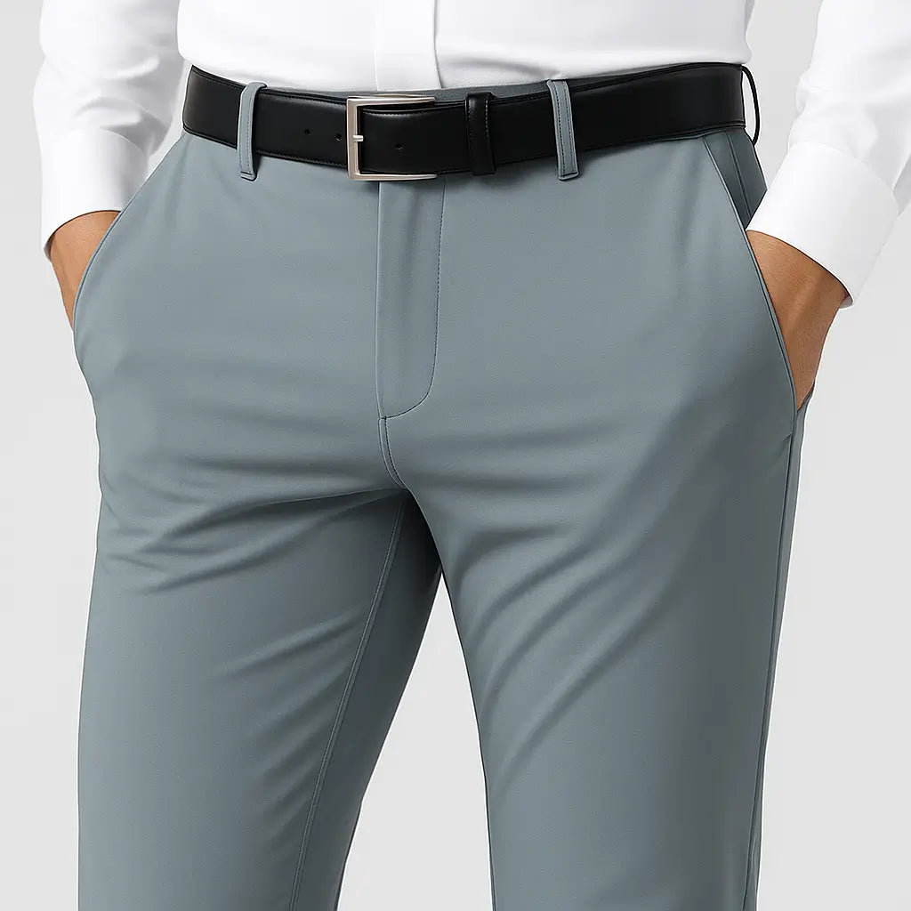 Calça Masculina Social MODAL PLUS: leve e respirável, não transparente, com caimento sofisticado. Frescor e conforto em dias quentes.leve e respirável, demonstrando tecido não transparente e caimento sofisticado para o verão.