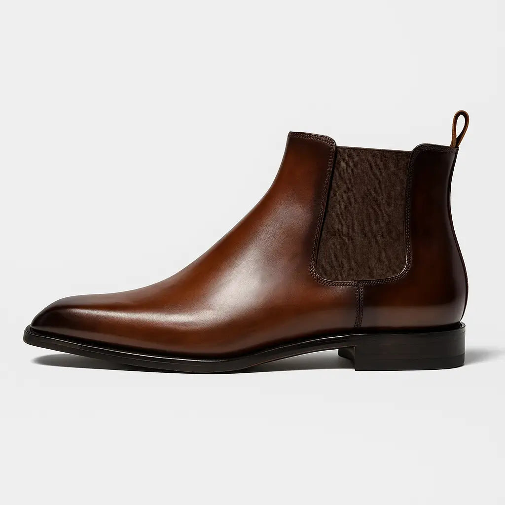 bota chelsea masculina de couro polido preto com elástico lateral e bico fino – estilo elegante sobre superfície de madeira