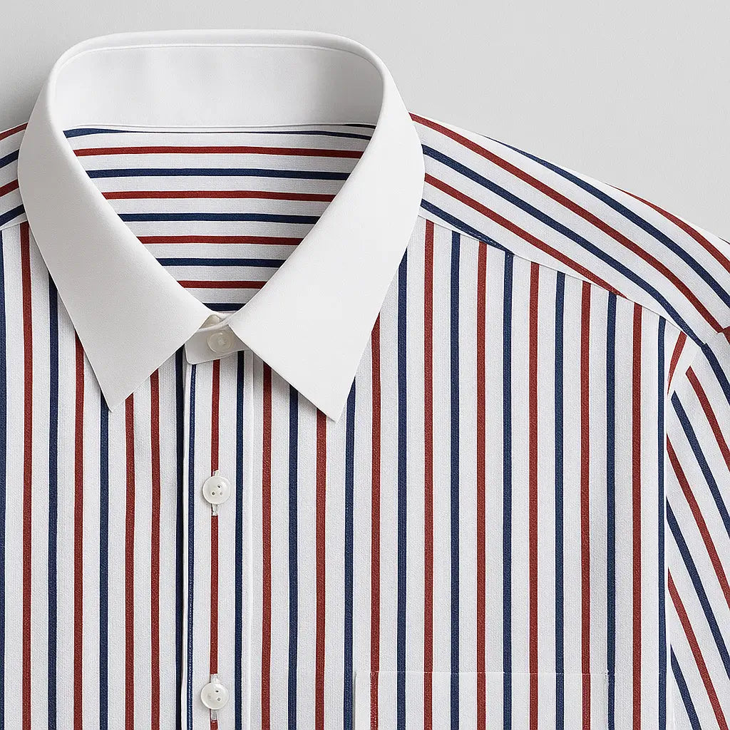 Camisa Social Masculina Listrada manga longa com fechamento em botões e abotoadura nas mangas