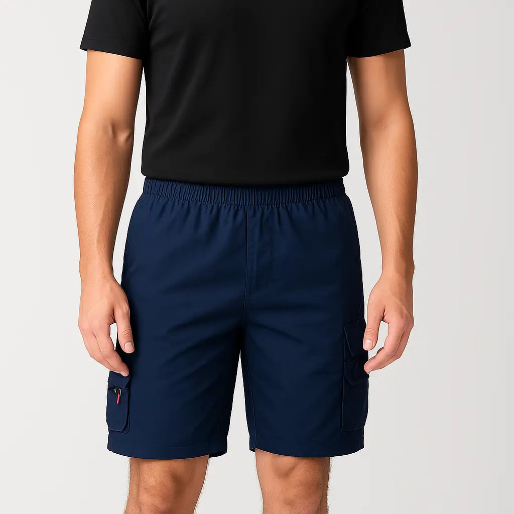 Bermuda cargo masculina preta oversized com cintura elástica e múltiplos bolsos.