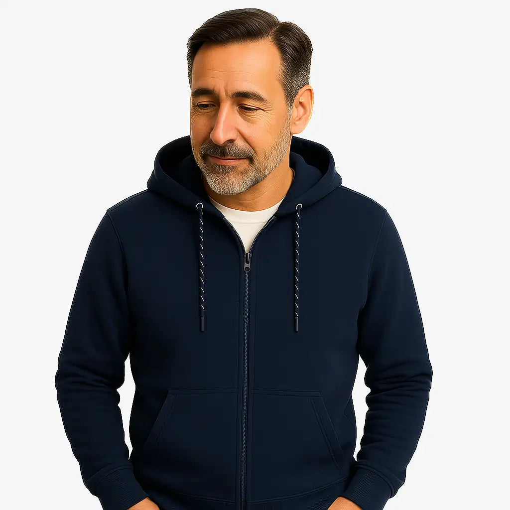 Homem vestindo blusa moletom masculina azul marinho com capuz e zíper, estilo casual urbano para dias frios, com mãos nos bolsos e camiseta branca por baixo.
