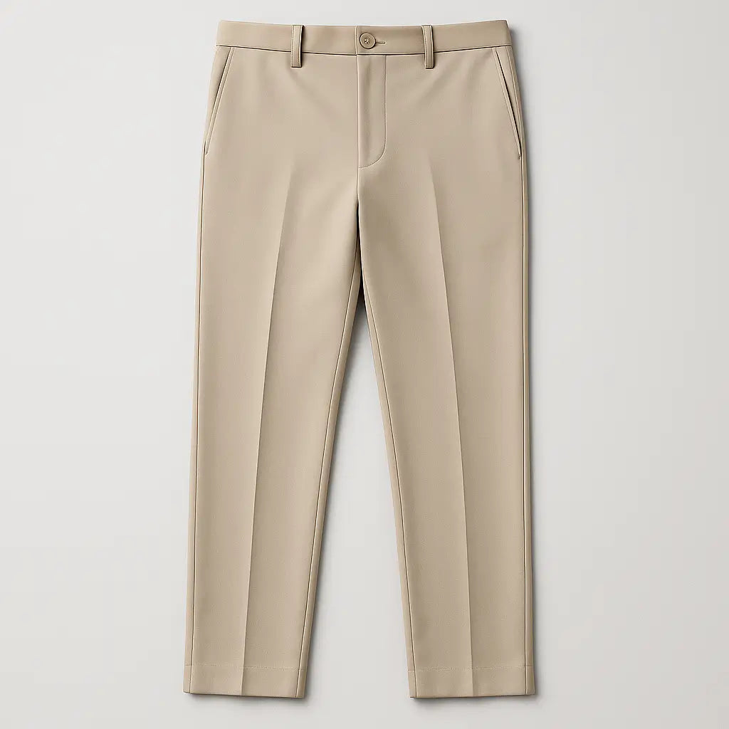 Calça masculina MODAL PLUS bege em tecido tecnológico leve com toque de seda, mostrando caimento reto e elegante, ideal para o verão.