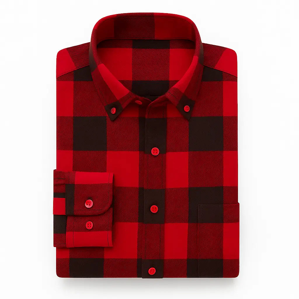 Camisa masculina flanelada xadrez azul intenso e preto, manga longa, 100% algodão, bolso frontal e gola com botão.