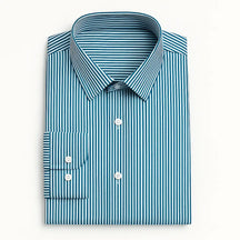 camisa social masculina slim fit verde com listras brancas em algodão, manga longa, gola estruturada e botões claros