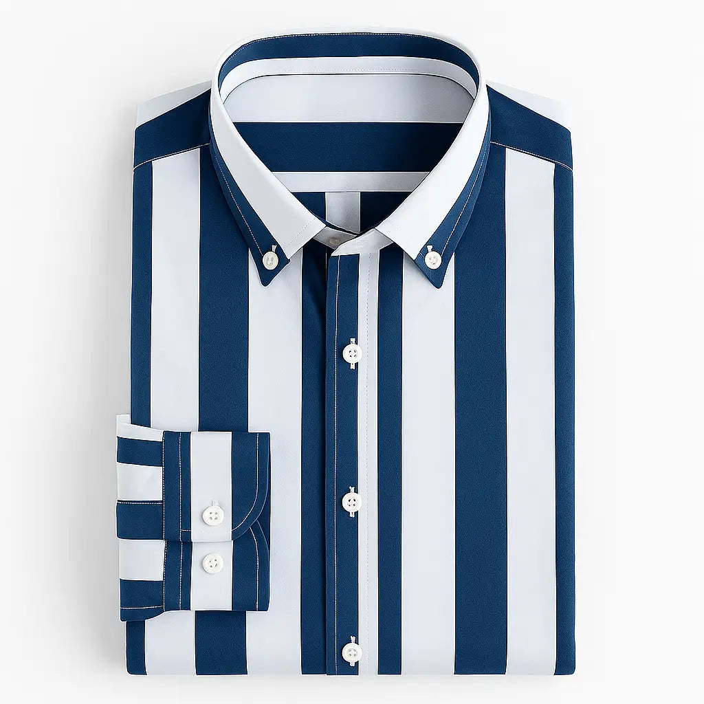 Camisa masculina listrada slim fit em tecido stretch, manga longa, elástica e sem necessidade de passar.