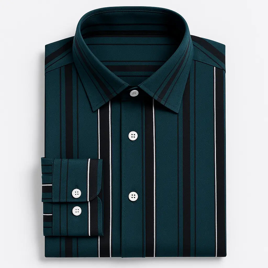 Camisa masculina listrada slim fit em tecido stretch, manga longa, elástica e sem necessidade de passar.