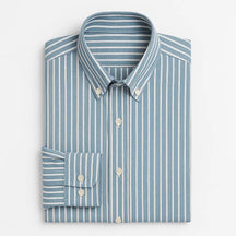 Camisa masculina listrada , manga longa, 100% algodão Oxford, bolso frontal e gola com botão, estilo elegante.