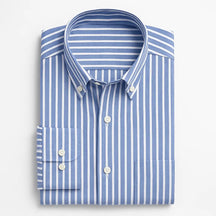 Camisa masculina listrada , manga longa, 100% algodão Oxford, bolso frontal e gola com botão, estilo elegante.