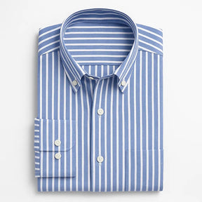 Camisa masculina listrada , manga longa, 100% algodão Oxford, bolso frontal e gola com botão, estilo elegante.