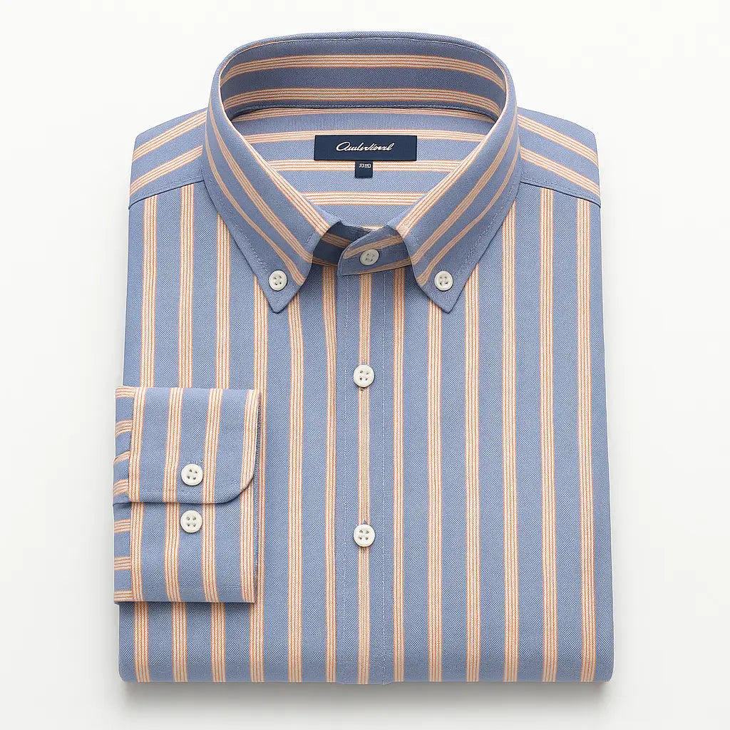 Camisa masculina listrada , manga longa, 100% algodão Oxford, bolso frontal e gola com botão, estilo elegante.