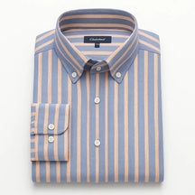 Camisa masculina listrada , manga longa, 100% algodão Oxford, bolso frontal e gola com botão, estilo elegante.