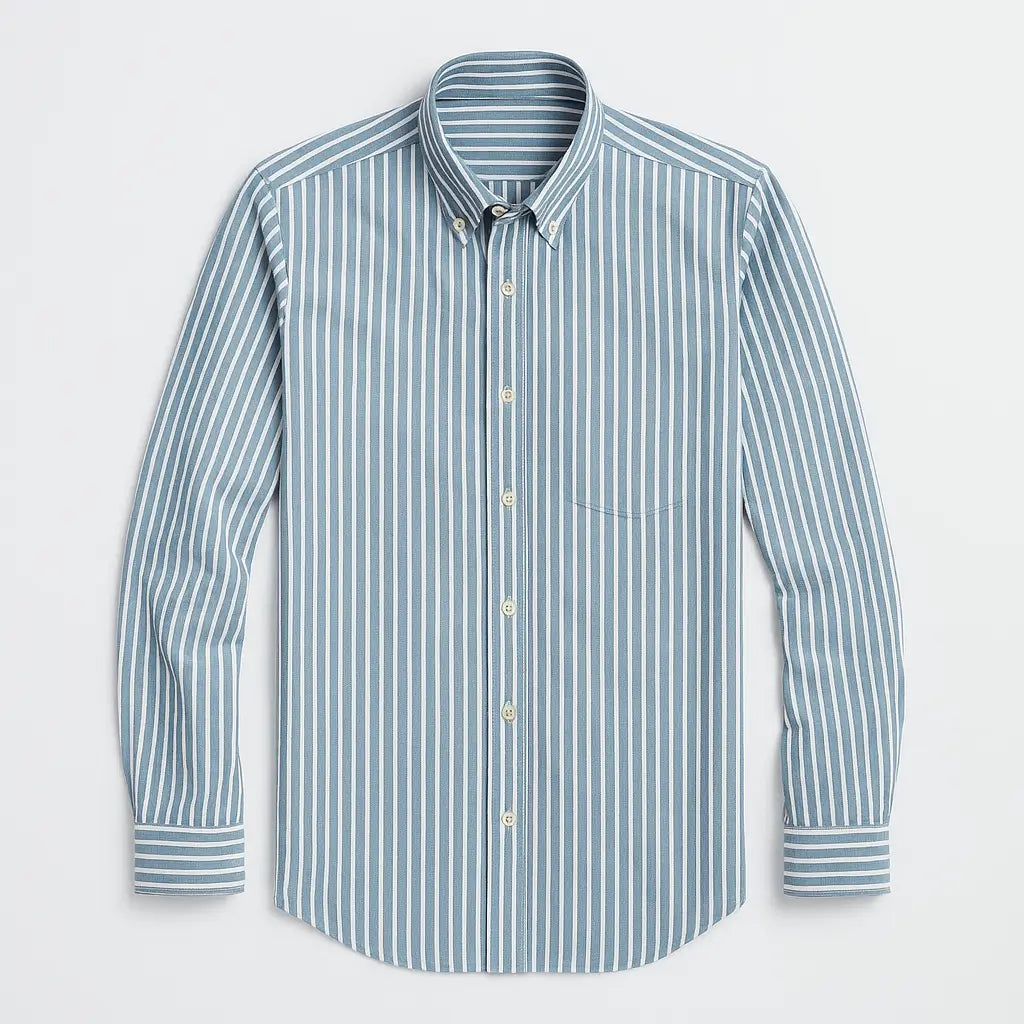 Camisa masculina listrada , manga longa, 100% algodão Oxford, bolso frontal e gola com botão, estilo elegante.