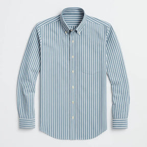 Camisa masculina listrada , manga longa, 100% algodão Oxford, bolso frontal e gola com botão, estilo elegante.