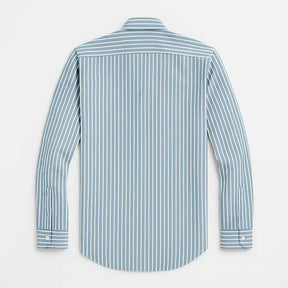 Camisa masculina listrada , manga longa, 100% algodão Oxford, bolso frontal e gola com botão, estilo elegante.