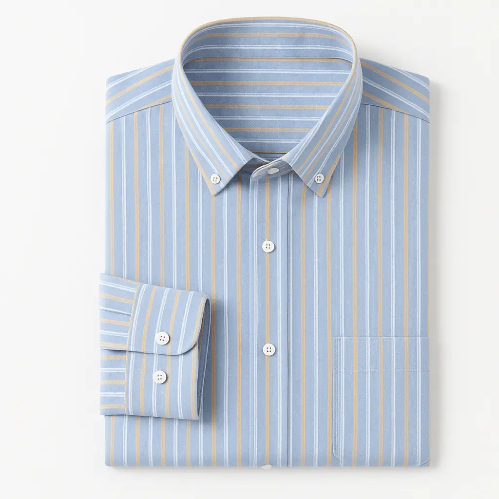 Camisa masculina Oxford listrada em algodão premium, manga longa e bolso discreto.