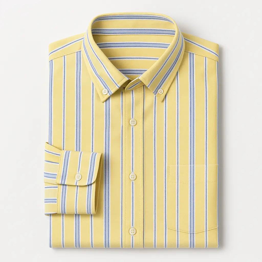 Camisa masculina Oxford listrada em algodão premium, manga longa e bolso discreto.