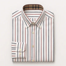 Camisa masculina Oxford listrada slim fit em algodão premium, manga longa e gola estruturada.