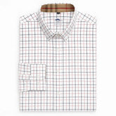 Camisa masculina Oxford xadrez slim fit em algodão premium, manga longa, gola estruturada e padrão quadriculado azul.