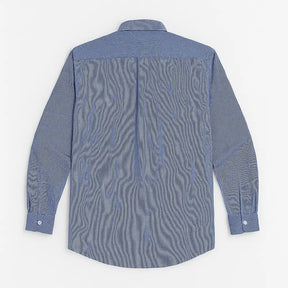 camisa social masculina slim fit listrada em algodão preto e branco, manga longa, dobrada com gola estruturada