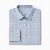 camisa social masculina slim fit cinza claro em algodão com elastano, manga longa, padrão xadrez discreto e gola estruturada
