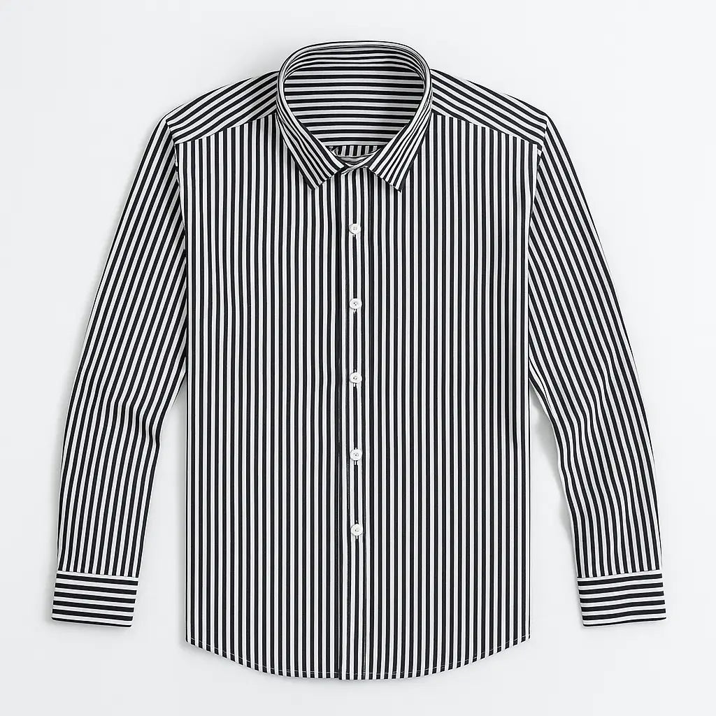 camisa social masculina listrada preta e branca em algodão, manga longa, modelagem slim fit, dobrada sobre fundo claro