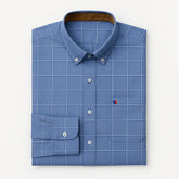camisa social masculina slim fit oxford em algodão com padrão listrado/xadrez, manga longa, gola estruturada e caimento elegante
